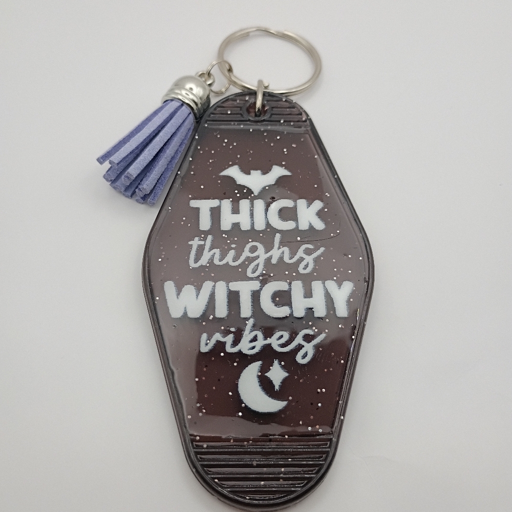 Thick Thighs Witchy Vibes Keychain UV Resin Purple Tassel Handmade